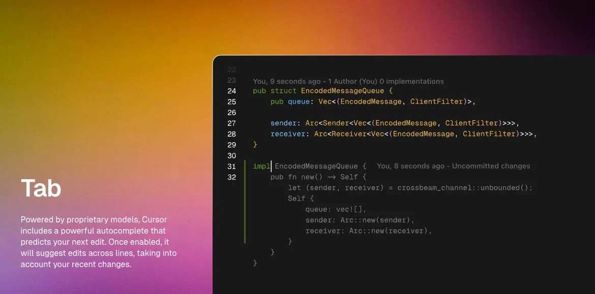 Autocompletado Tab de Cursor sugiriendo código en Rust